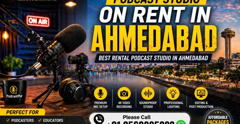 Podcast studio on rent in Ahmedabad with professional microphone setup and Ahmedabad city skyline with Sabarmati Riverfront background